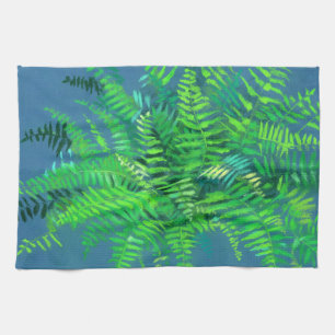 Fern leaves, floral design, greenery, blue & green tea towel