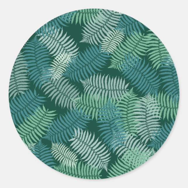 Fern leaves pattern on dark green classic round sticker (Front)