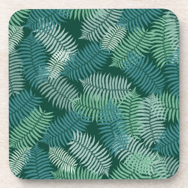 Fern leaves pattern on dark green coaster (Front)