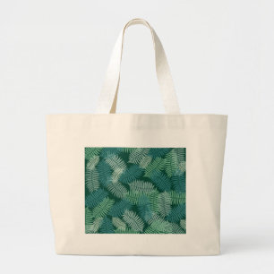 Fern leaves pattern on dark green large tote bag