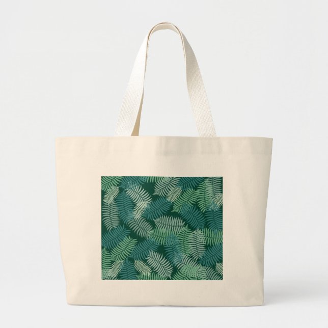 Fern leaves pattern on dark green large tote bag (Front)