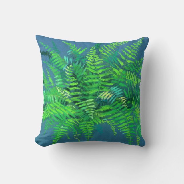 Fern leaves, pteridophyte, floral art blue & green cushion (Front)