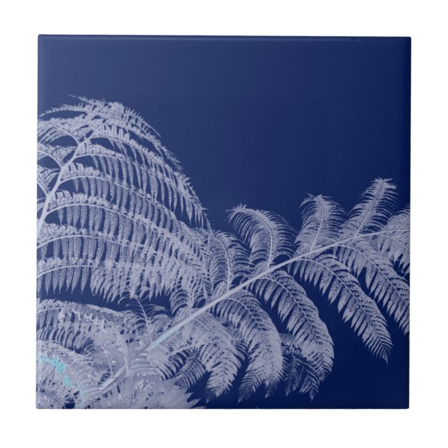 Fern Leaves Texture Sketch White Blue Tile (Front)