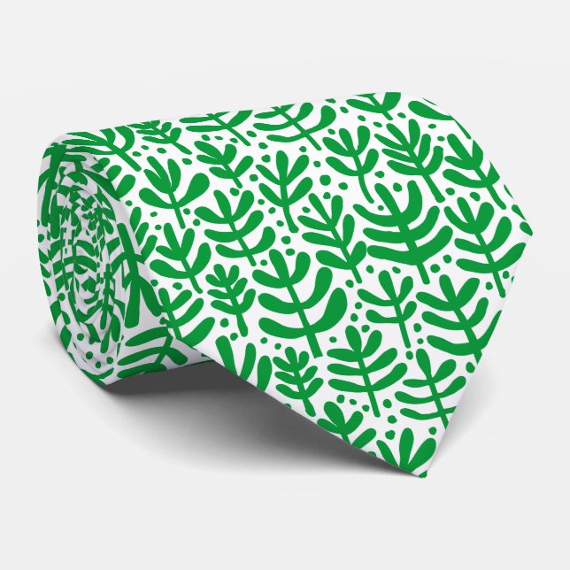 Fern Pattern - Grass Green on White Tie (Rolled)