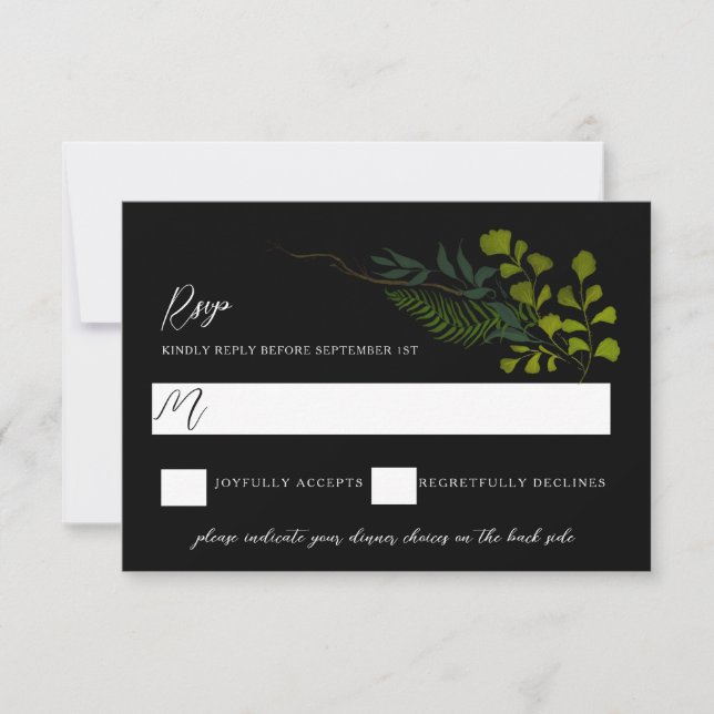 Fern Pepper Tree Leaves Garden Black RSVP Card (Front)