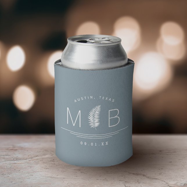 Fern Wedding Monogram | Dusty Blue Can Cooler (Creator Uploaded)