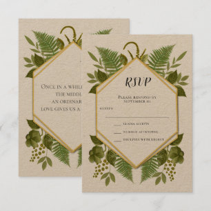 Ferns and Fauna Gold and Greenery Wedding RSVP Invitation