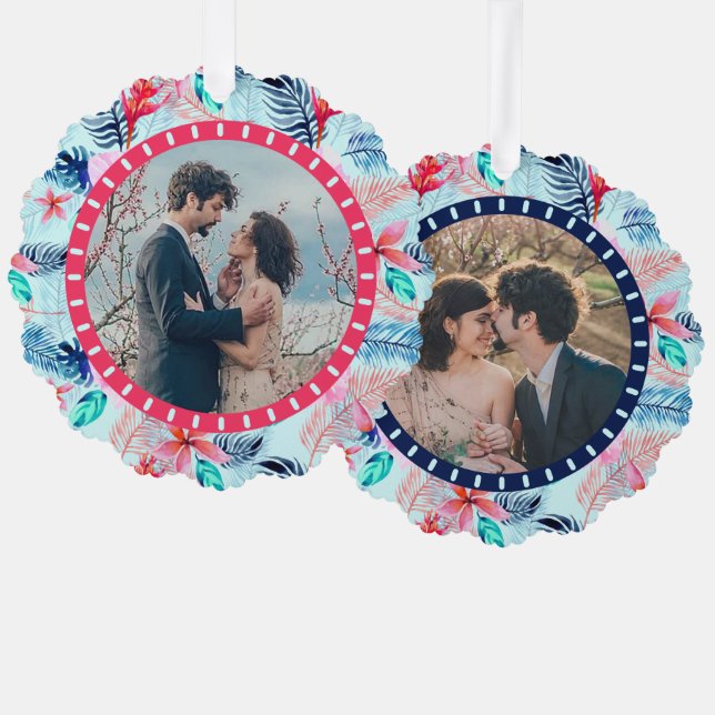 Ferns Hibiscus Flower Tropical 2 Custom Photos Tree Decoration Card (Front/Back)