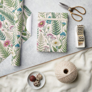Ferns Wildflowers Pattern Blue Green Pink Wrapping Paper