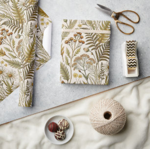 Ferns Wildflowers Pattern Brown Beige Wrapping Paper