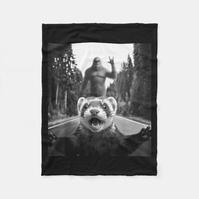 Ferret Selfie With Bigfoot Funny For Men Women Kid Fleece Blanket (Front)