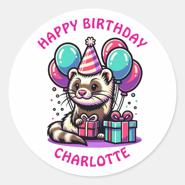 Ferret Themed Girl's Birthday Party Personalised Classic Round Sticker (Front)