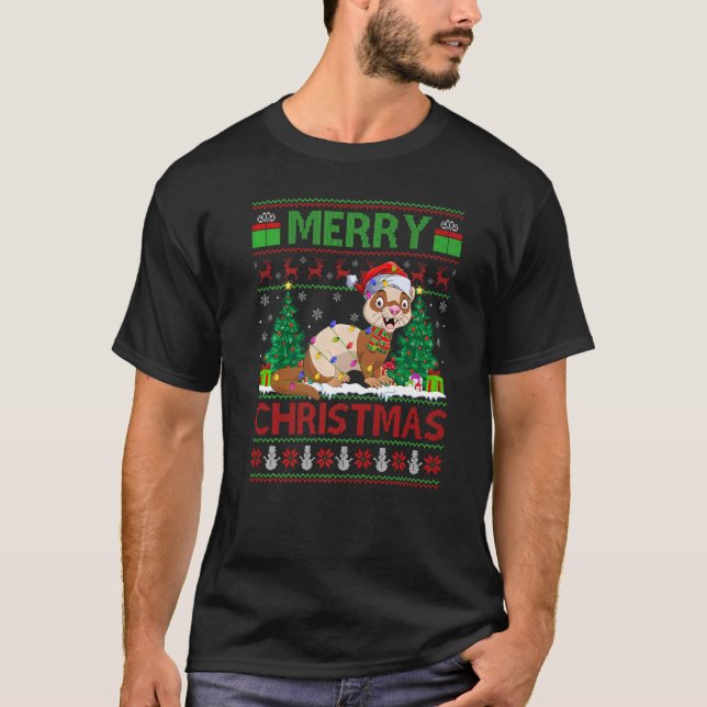 Ferret  Xmas Tree Lights Ugly Santa Ferret Christm T-Shirt (Front)