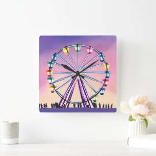 Ferris Wheel Sunset Beautiful Watercolor Square Wall Clock