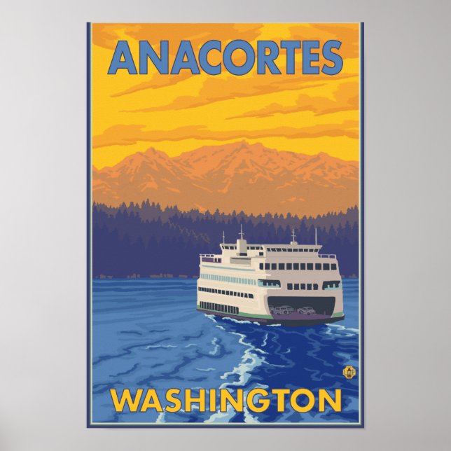 Ferry and Mountains - Anacortes, Washington Poster (Front)