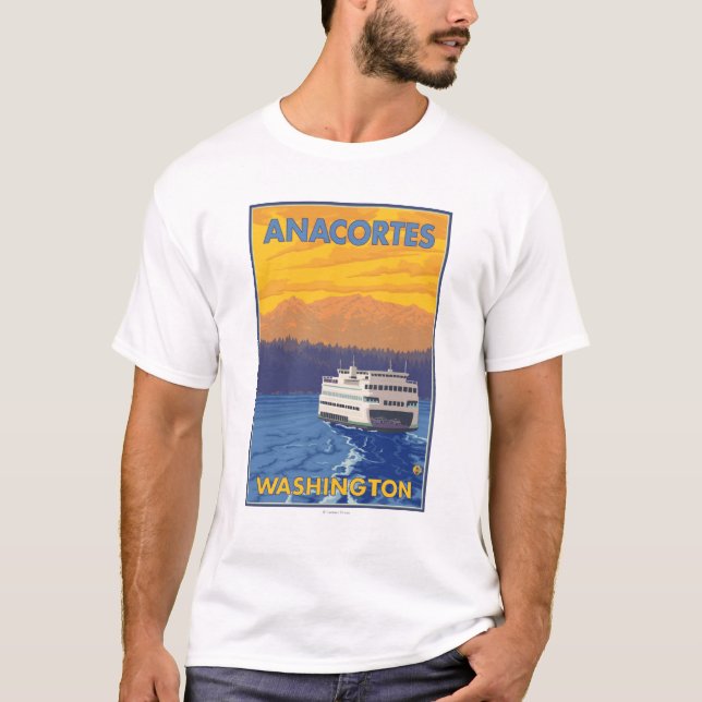 Ferry and Mountains - Anacortes, Washington T-Shirt (Front)