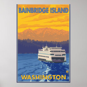 Ferry and Mountains - Bainbridge Island, WA Poster