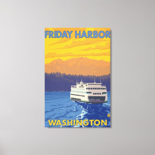 Ferry and Mountains - Friday Harbour, Washington Canvas Print (Front)