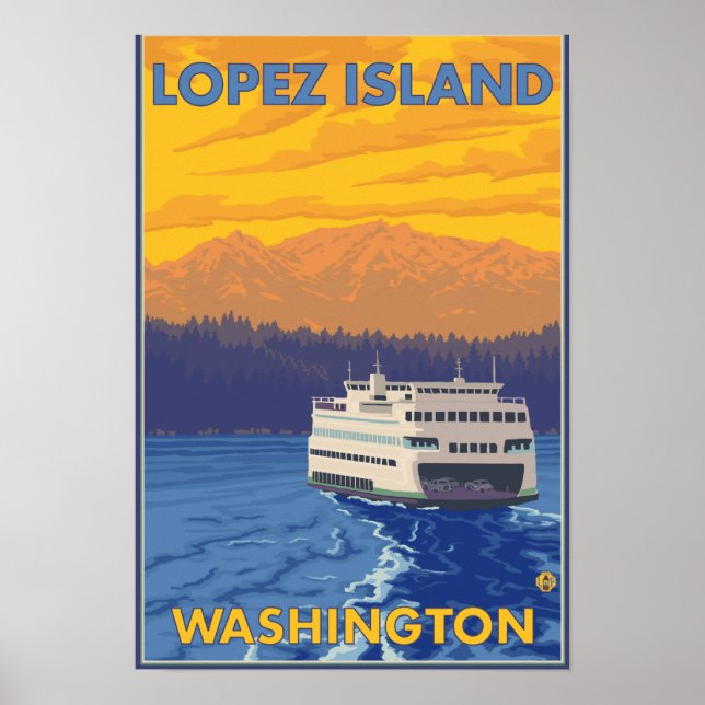 Ferry and Mountains - Lopez Island, Washington Poster (Front)