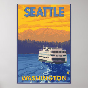 Ferry and Mountains - Seattle, Washington Poster