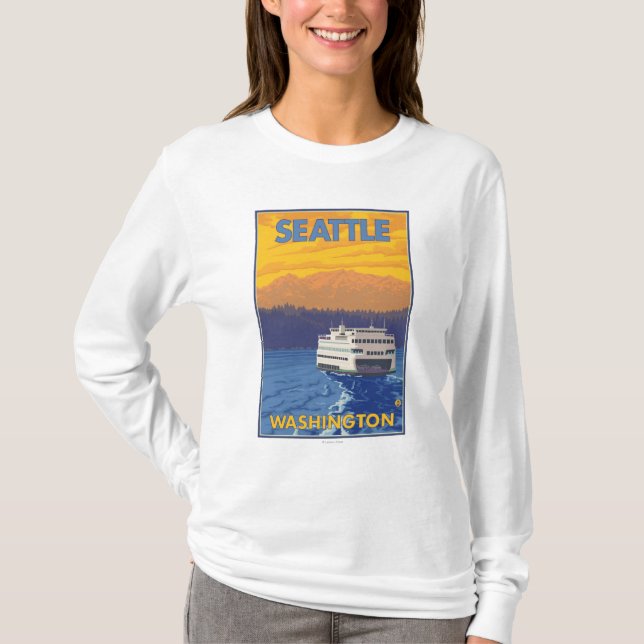Ferry and Mountains - Seattle, Washington T-Shirt (Front)