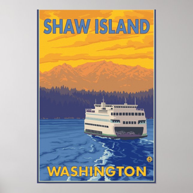 Ferry and Mountains - Shaw Island, Washington Poster (Front)