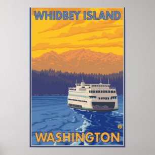 Ferry and Mountains - Whidbey Island, Washington Poster