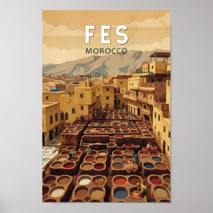 Fes Morocco Illustration Travel Art Vintage Poster