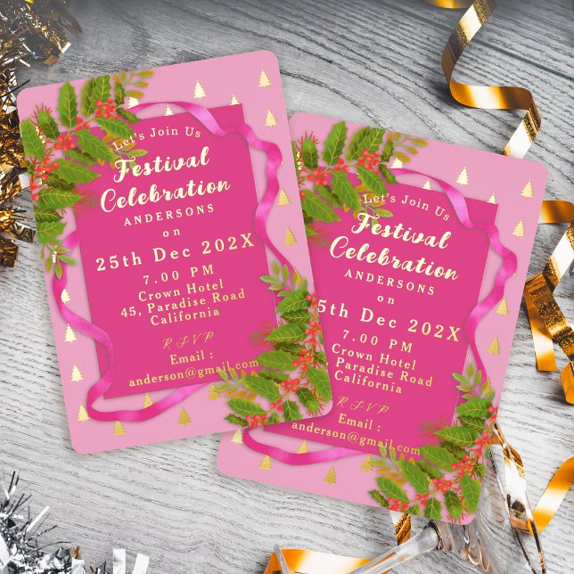 Festival Celebration Christmas Pink  (Festival Celebration Christmas Pink  Foil Invitation)