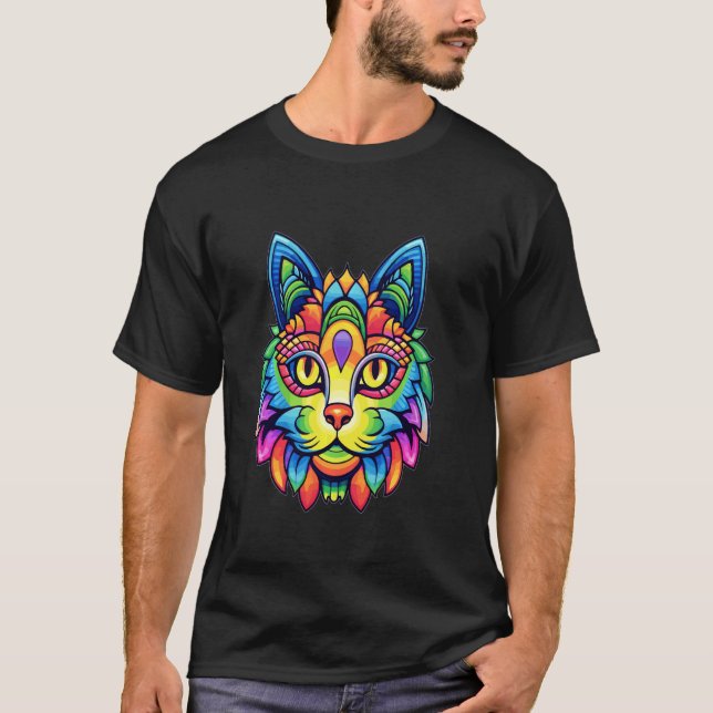 Festival Trippy Cat Psychedelic Rave T-Shirt (Front)