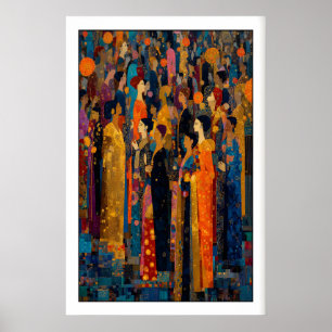 Festival Wall Art Indian Crowd Scene (Orange Blue