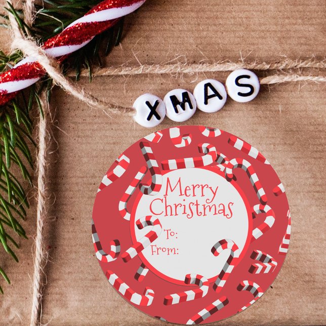 Festive 3D Candy Canes Merry Christmas Classic Round Sticker (Creator Uploaded)