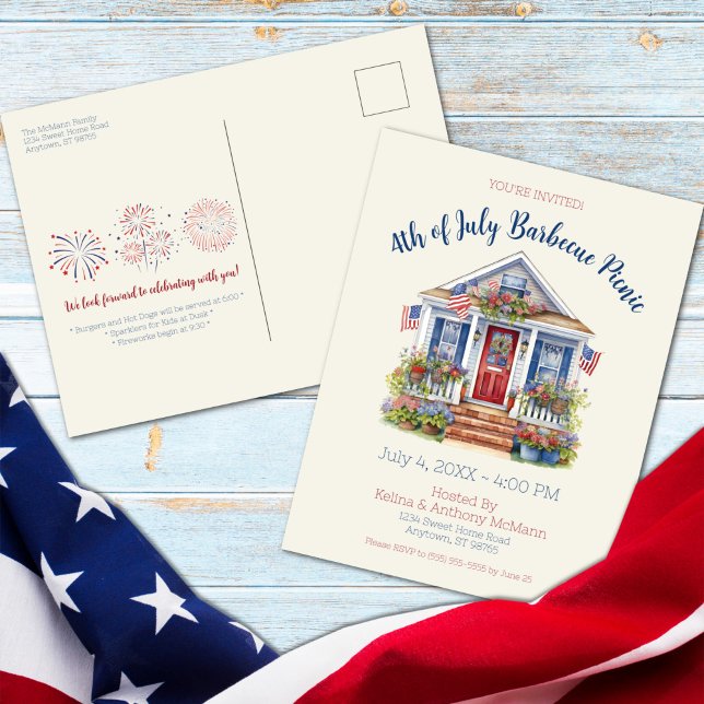 Festive 4th of July Barbecue Picnic Invitation Postcard (Festive 4th of July Barbecue Picnic Postcard Invitation)
