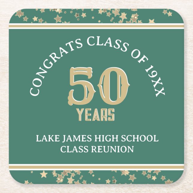Festive 50th Class Reunion party  Square Paper Coaster (Front)