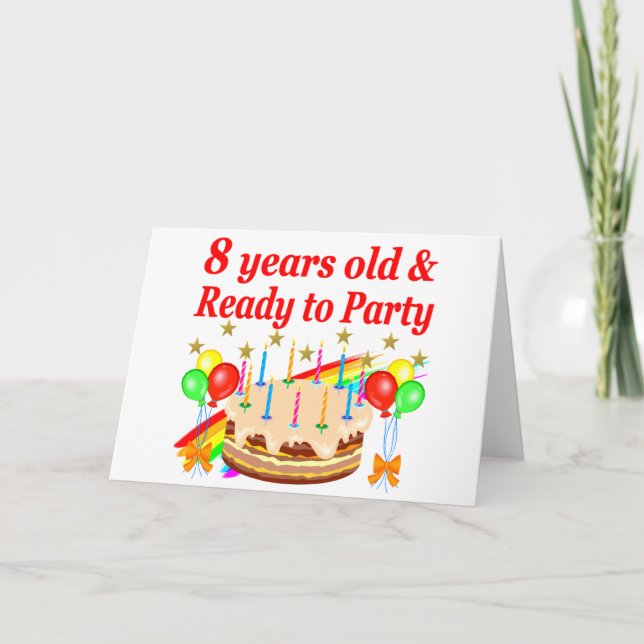 FESTIVE 8 YRS OLD AND READY TO PARTY BIRTHDAY CAKE CARD (Front)