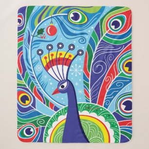 Festive Abstract Holiday Peacock Sherpa Blanket