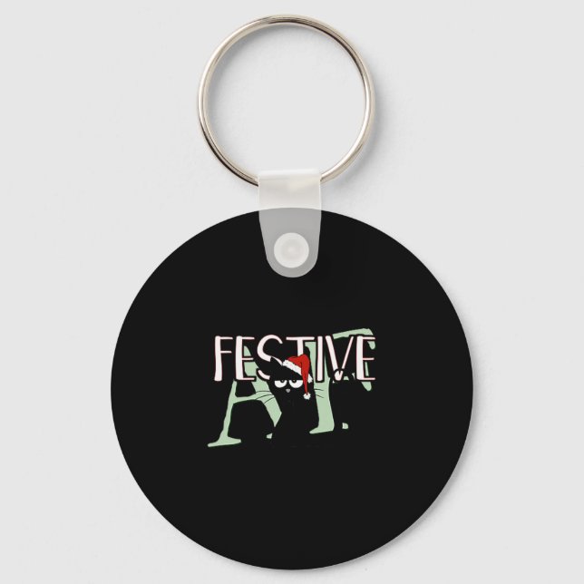 Festive Af Ironic Sarcastic Merry Christmas Cat Pr Key Ring (Front)