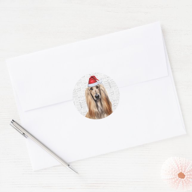 Festive Afghan Hound Dog Woof Word Art Christmas Classic Round Sticker (Envelope)