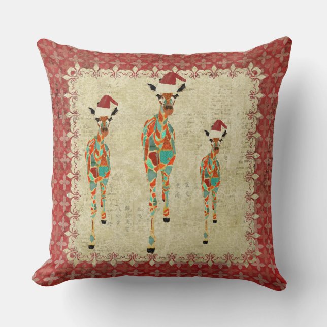 Festive Amber & Azure Giraffes Red Mojo Pillow (Front)