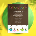 Festive and Colourful Birds Kids Birthday Party Invitation<br><div class="desc">Children's birthday party invitations featuring 5 birds in bright colours wearing party hats on a beautiful chocolate brown background. 
Matching products available at our store.</div>