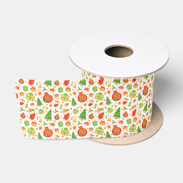 Festive and Colourful Christmas Pattern Satin Ribbon (Spool)