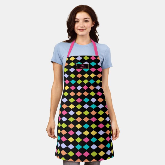 Festive and Colourful Diamond Pattern Apron (Worn)