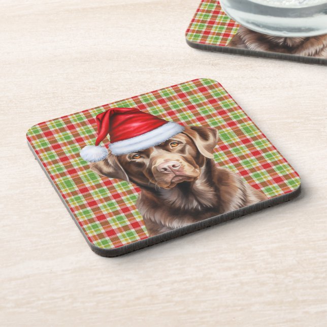Festive and Cute Chocolate Lab Plaid Christmas Coaster (Left Side)