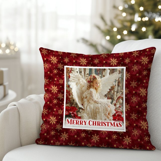 Festive Angel Poinsettia Red Gold Accent Christmas Cushion (Festive Angel Poinsettia Red Gold Accent Christmas Pillow

)