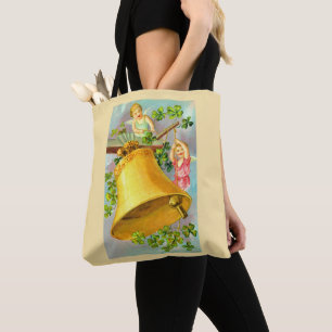 Festive angels and yellow bell tote bag