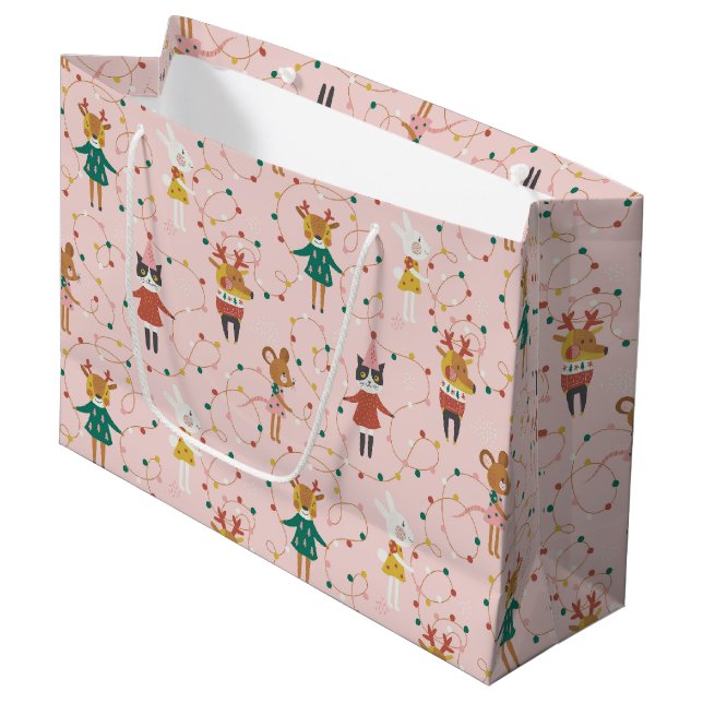 Festive Animal Friends Christmas Pattern Large Gift Bag (Front Angled)