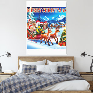 Festive Animal Sleigh Christmas Canvas 30" x 40" Print