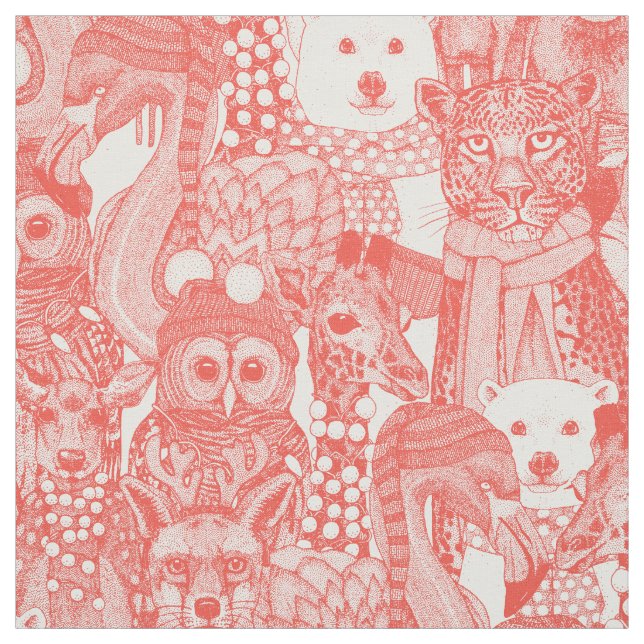 festive animals soft red fabric (Swatch)
