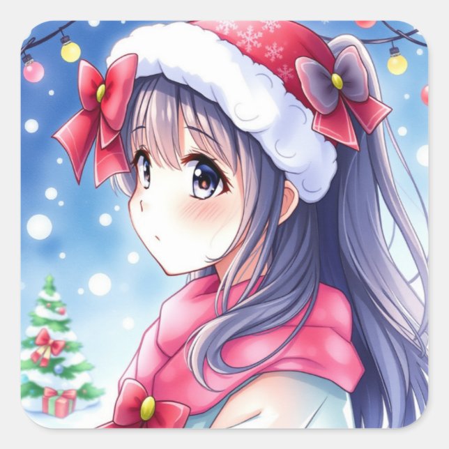 Festive Anime Girl Christmas Square Sticker (Front)