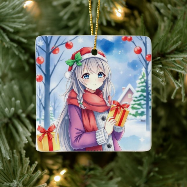 Festive Anime Girl in Whimsical Village Christmas Ceramic Ornament (Tree)